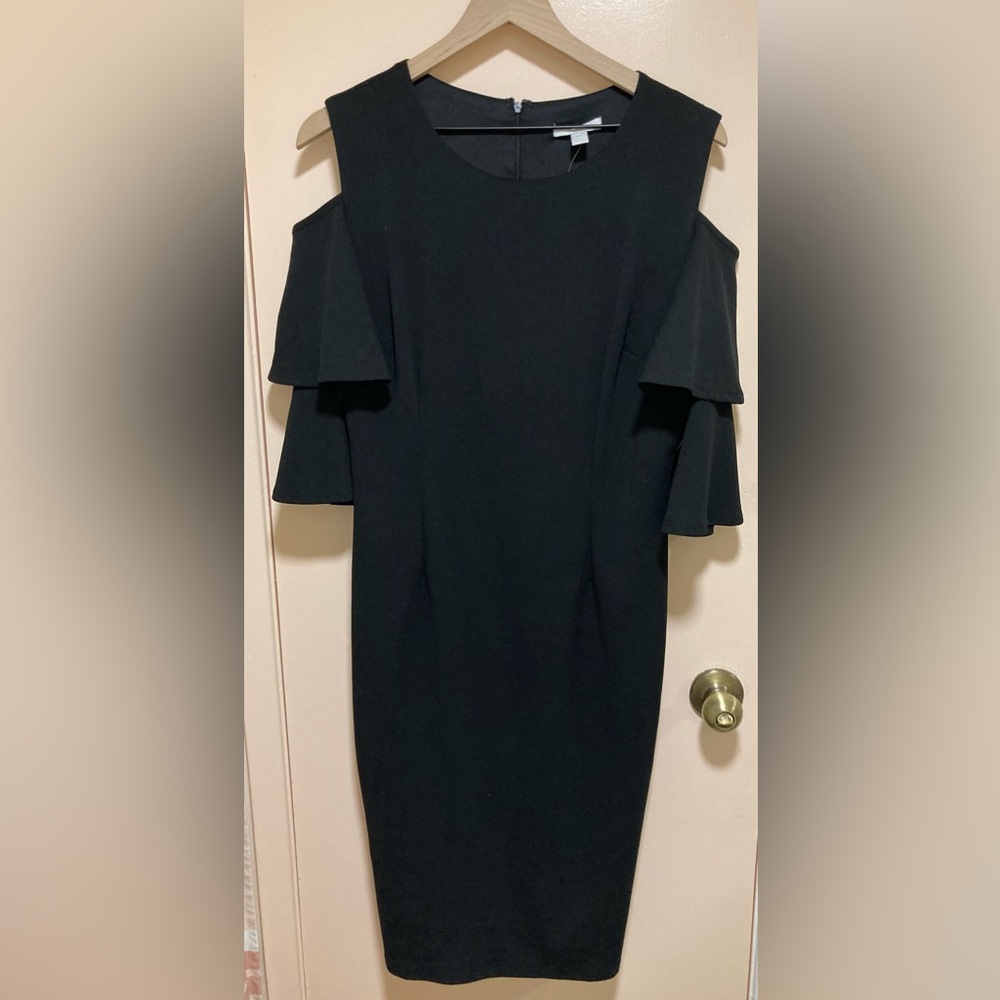 New York & Company Cold Shoulder Ruffle Sleeve Dress in Black